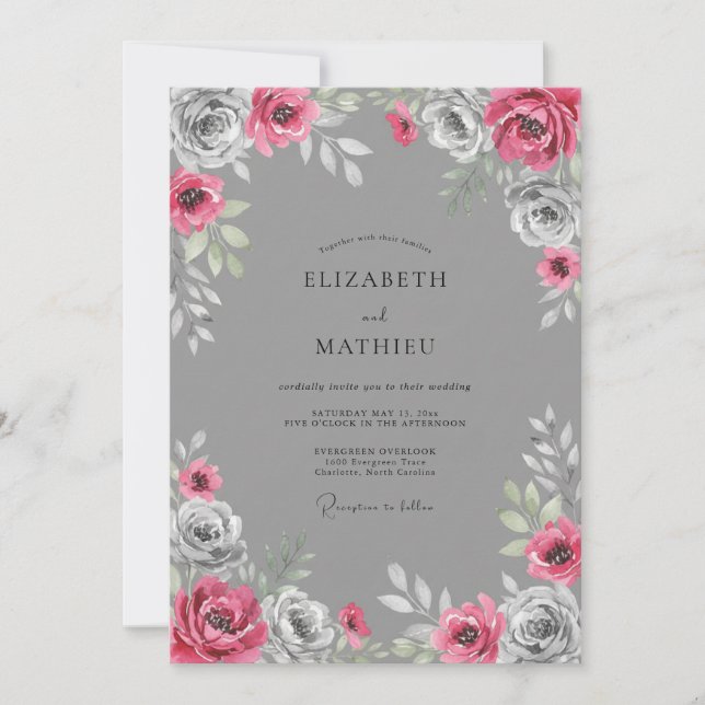 Convites Casamento Floral Vibrante Cinza (Frente)