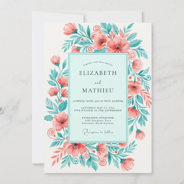 Convites Casamento Floral Vibrante Coral Mint (Frente)