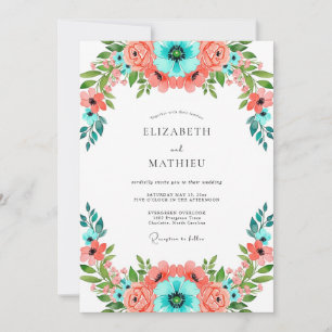 Convites Casamento Floral Vibrante Coral Turquesa