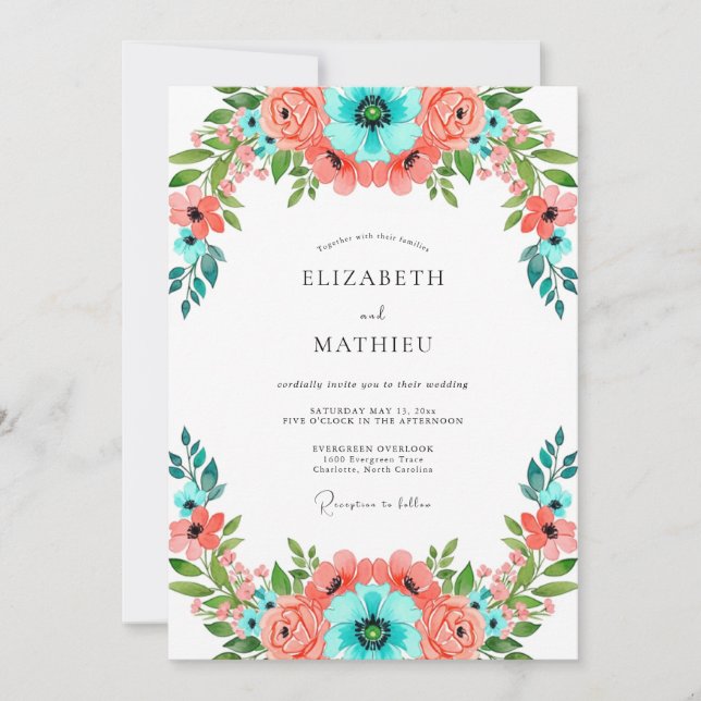 Convites Casamento Floral Vibrante Coral Turquesa (Frente)