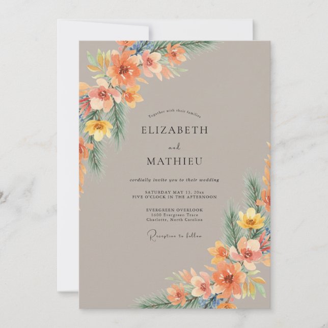 Convites Casamento Floral Vibrante de Pêssego (Frente)