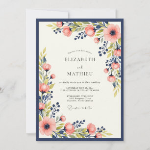 Convites Casamento Floral Vibrante de Primavera Azul Naval
