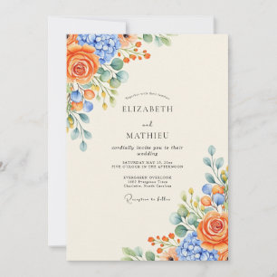 Convites Casamento Floral Vibrante de Vinca Roxa e Laranja