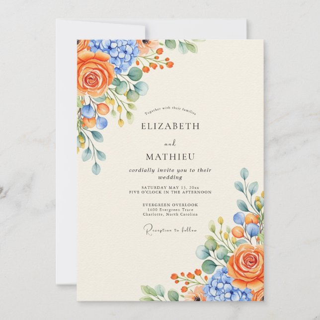 Convites Casamento Floral Vibrante de Vinca Roxa e Laranja (Frente)