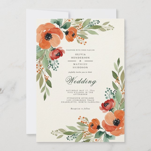 Convites Casamento Floral Vibrante Laranja da Floresta (Frente)