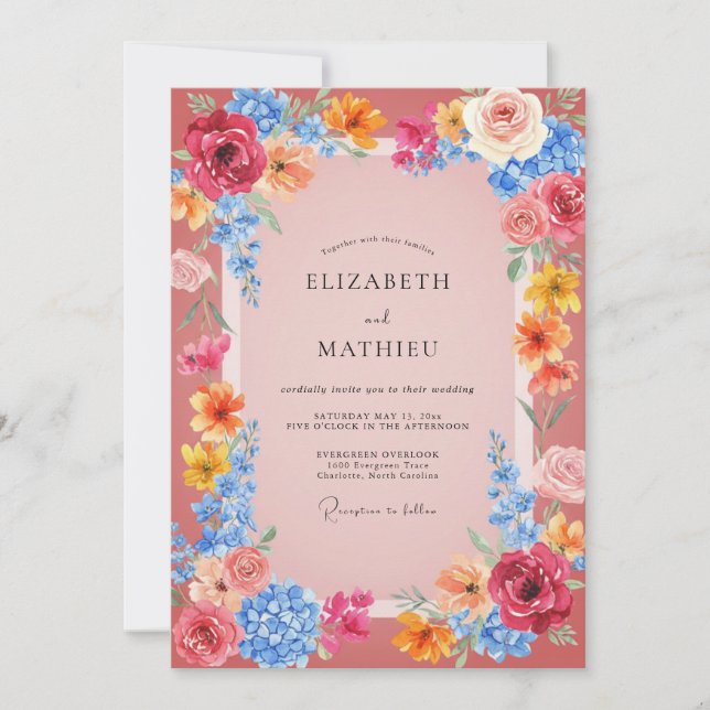 Convites Casamento Floral Vibrante Rosa (Frente)