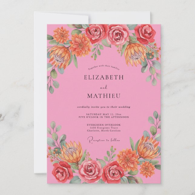 Convites Casamento Floral Vibrante Rosa (Frente)