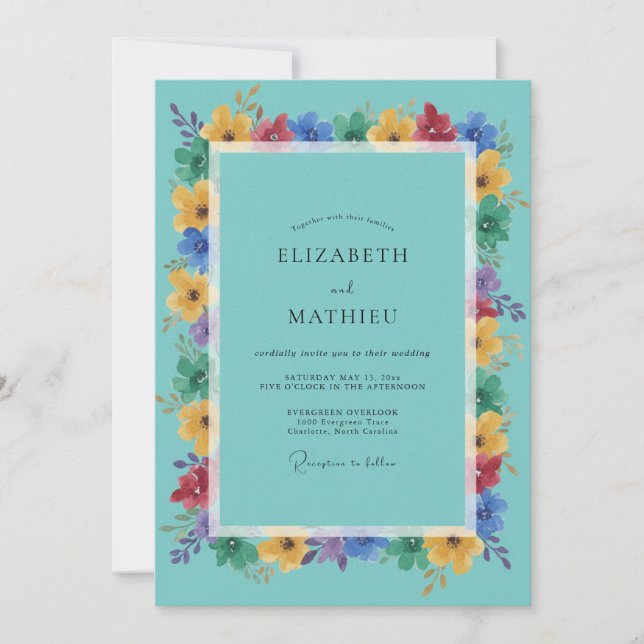 Convites Casamento Floral Vibrante Turquesa (Frente)