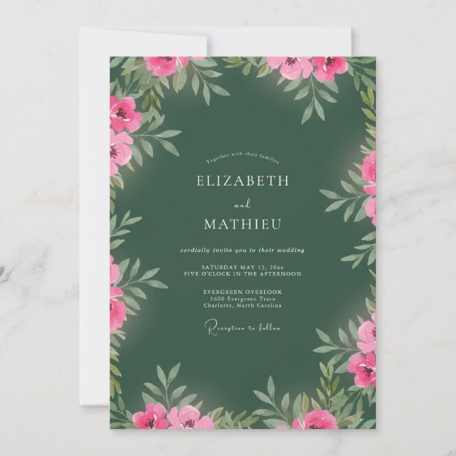 Convites Casamento Floral Vibrante Verde Floresta (Frente)