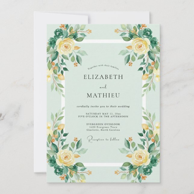Convites Casamento Floral Vibrante Verde Menta (Frente)