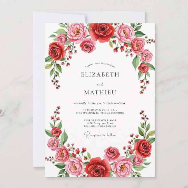 Convites Casamento Floral Vibrante Vermelho (Frente)