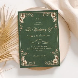 Convites Casamento Floral Vintage Art Nouveau Verde