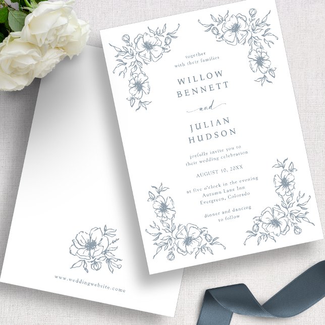 Convites Casamento Floral Vintage Azul (Blue Vintage Floral Wedding Invitation
)