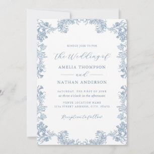 Convites Casamento Floral Vintage Azul Empoeirado