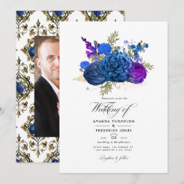 Convites Casamento Floral Vintage Azul Marinho, Dourado e R
