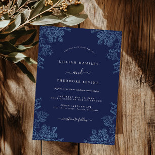 Convites Casamento Floral Vintage Azul Marinho Elegante
