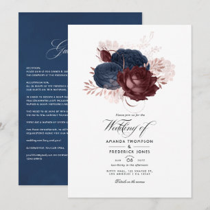 Convites Casamento Floral Vintage Azul Marinho, Marrom e Do