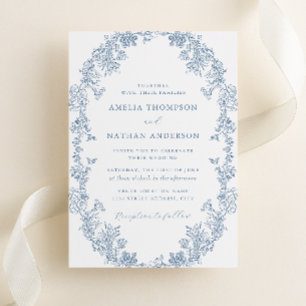 Convites Casamento Floral Vintage Azul Poeirento Branco