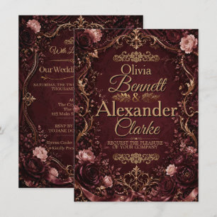 Convites Casamento Floral Vintage Burgundy Dourado Elegante