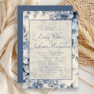 Convites Casamento Floral Vintage Creme Azul Romântico