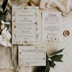 Convites Casamento Floral Vintage em Aquarela Art Nouveau