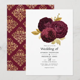 Convites Casamento Floral Vintage em Borgonha e Dourado