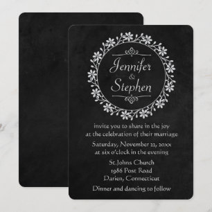 Convites Casamento Floral Vintage em Quadro Negro e Cinza