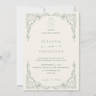 Convites Casamento Floral Vintage em Verde Sage Elegante 