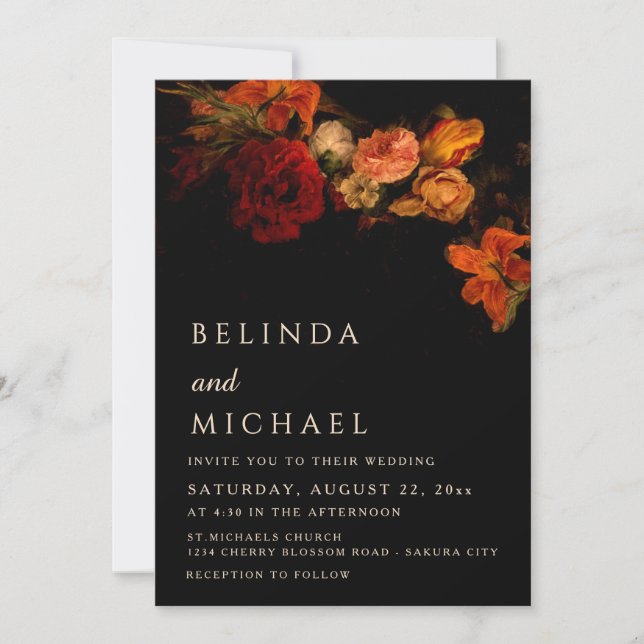Convites Casamento Floral Vintage Escuro (Frente)