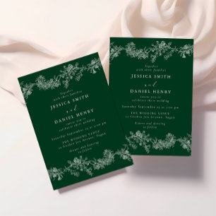 Convites Casamento Floral Vintage Esmeralda Verde e Branco