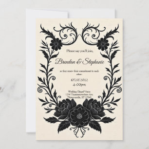 Convites Casamento Floral Vintage Goth com Tinta Preta