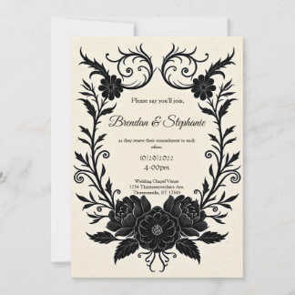 Convites Casamento Floral Vintage Goth com Tinta Preta