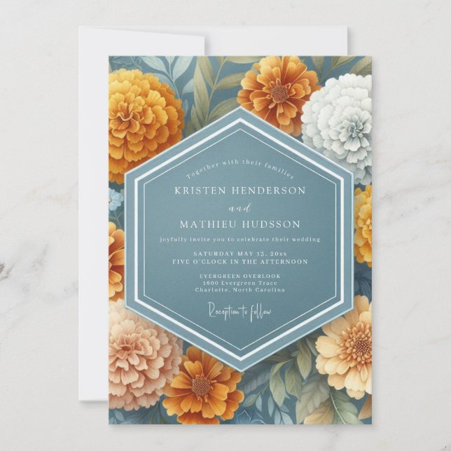Convites Casamento Floral Vintage Marigold (Frente)