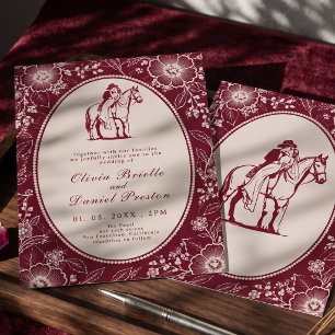 Convites Casamento Floral Vintage Ocidental em Borgonha