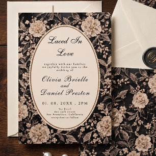 Convites Casamento Floral Vintage Pérola em Renda Preta Ele