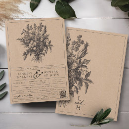 Convites Casamento Floral Vintage Preto Clássico Kraft Rúst
