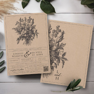 Convites Casamento Floral Vintage Preto Clássico Kraft Rúst