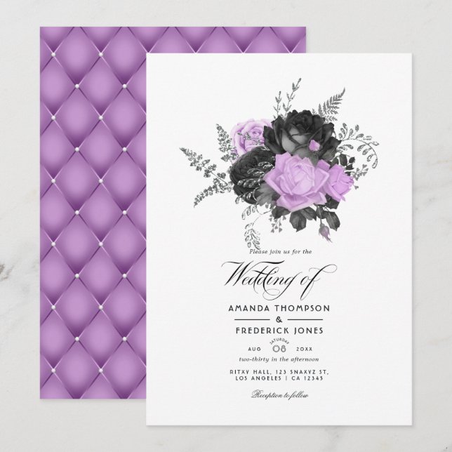 Convites Casamento Floral Vintage Preto e Lilás (Frente/Verso)