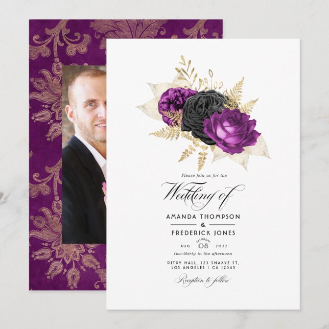 Convites Casamento Floral Vintage Preto e Roxo (Frente/Verso)