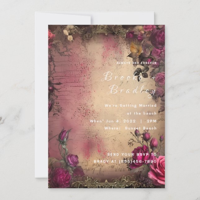 Convites Casamento Floral Vintage Rosa e Bege (Frente)