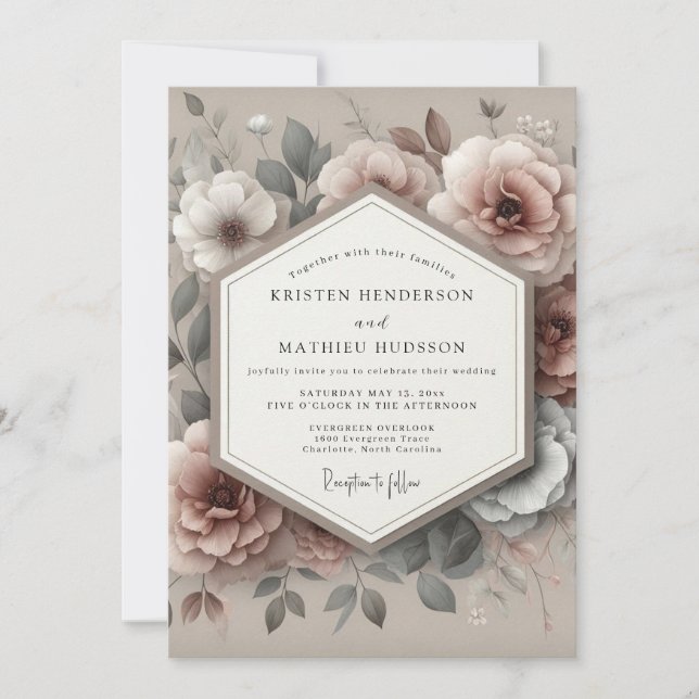 Convites Casamento Floral Vintage Rosa Empoeirada (Frente)