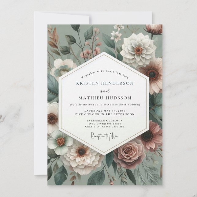 Convites Casamento Floral Vintage Sage (Frente)