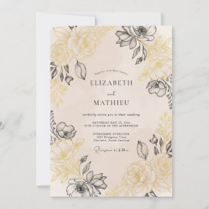 Convites Casamento Floral Vintage Sofisticado Bege