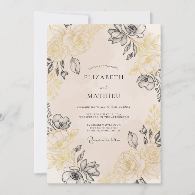 Convites Casamento Floral Vintage Sofisticado Bege (Frente)
