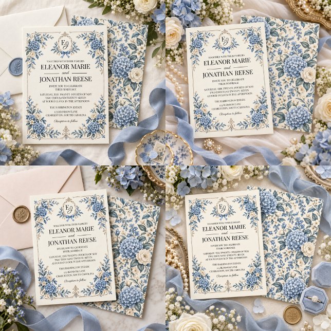Convites Casamento Floral Vintage Something Blue (Something Blue Vintage Heirloom Floral Wedding Invitation)
