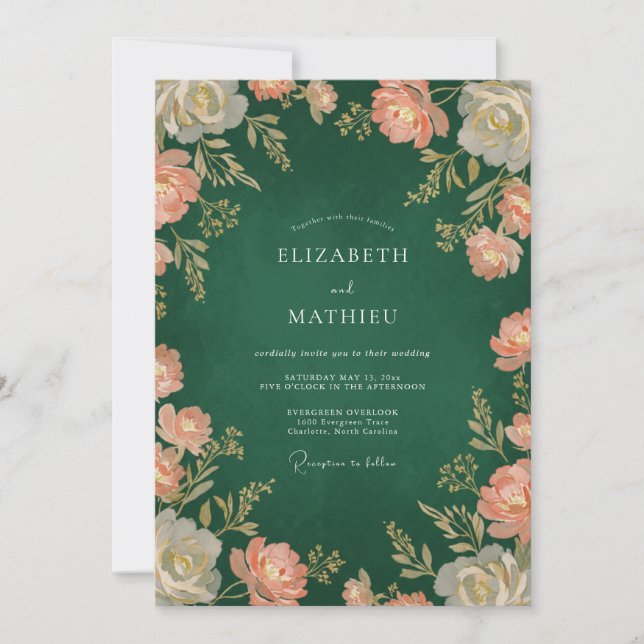 Convites Casamento Floral Vintage Verde Profundo (Frente)