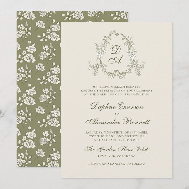 Convites Casamento Floral Vintage Verde Salvia (Frente/Verso)