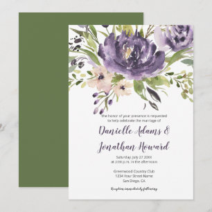 Convites Casamento Floral Violet Purple e Green Watercolor