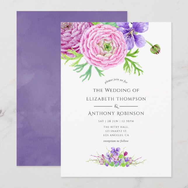 Convites Casamento Floral Violet Watercolor (Frente/Verso)