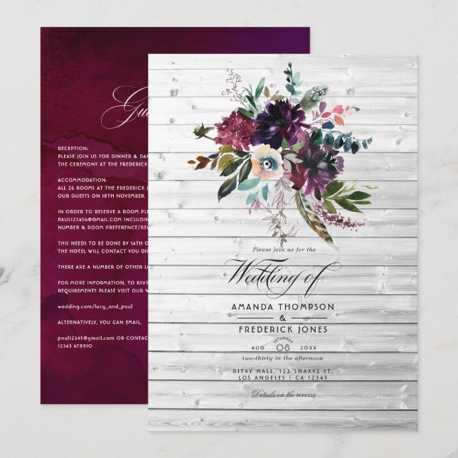 Convites Casamento Floral Violeta Bordo Rústico Boêmio (Frente/Verso)